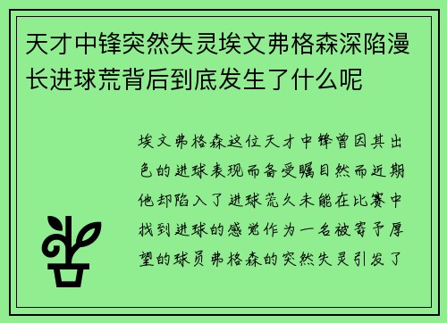 天才中锋突然失灵埃文弗格森深陷漫长进球荒背后到底发生了什么呢